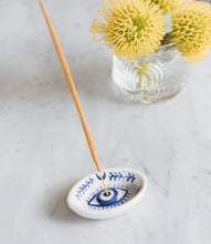 Load image into Gallery viewer, Lalita Evil Eye Incense Holder - Hand Painted Blue & White