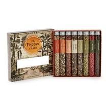 Load image into Gallery viewer, The Pepper Trade 8 Tube Gift Set Includes: Sarawak White, Tropical Blend, Chinese Szechuan, Lemon Pepper, Rainbow Blend, Indian Green, Brazilian Pink, Veitnamese Black - Net Wt 4.83 oz