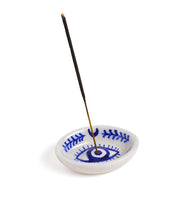 Load image into Gallery viewer, Lalita Evil Eye Incense Holder - Hand Painted Blue &amp; White

