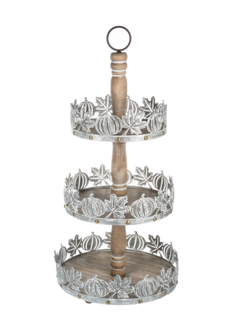 Embossed Pumpkin & Leaves Three-Tier Pedestal Stand