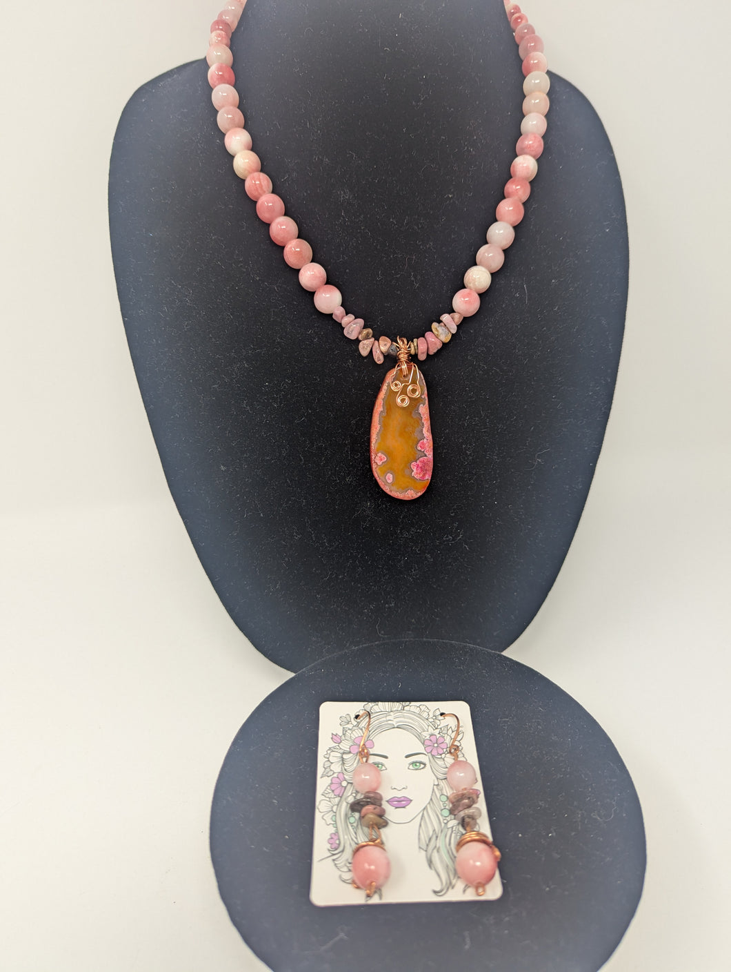 Natural Stone Pink White Jade & Rhodonite Stone set