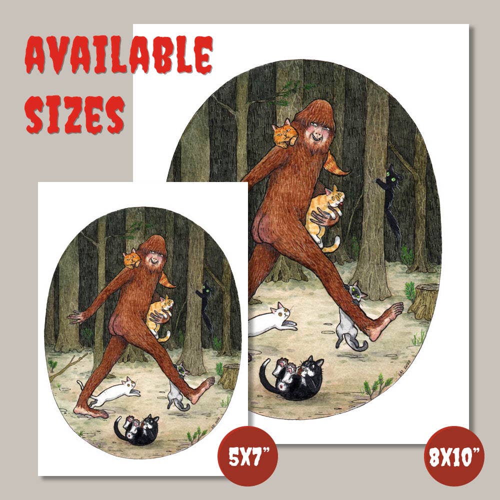 BigPaw - Bigfoot with Cats - Cryptids Horror Cats Print
