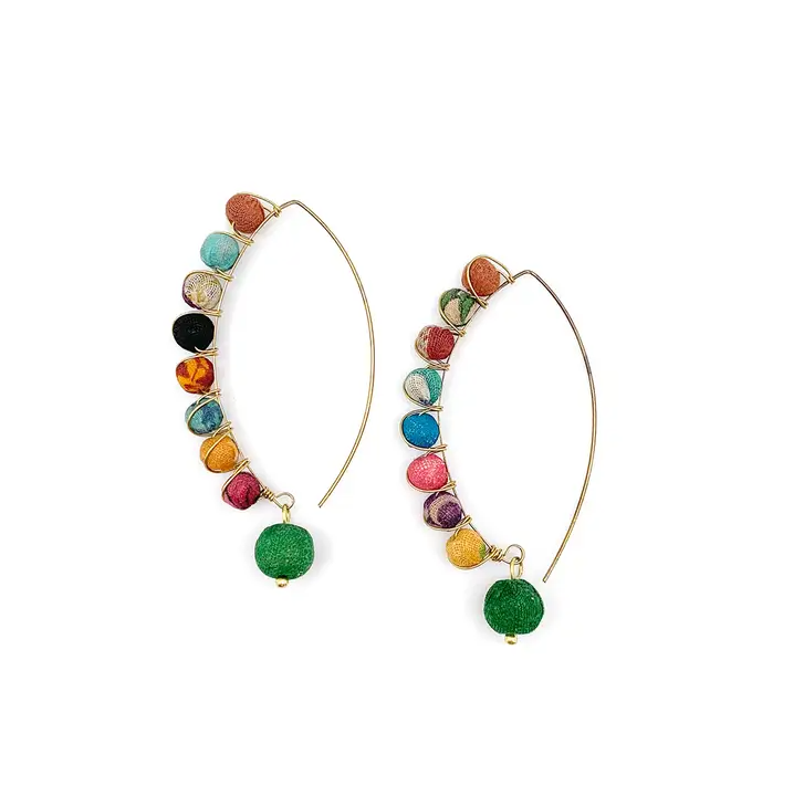 Aasha Slim Long Hoop Wrapped Round Bead Earrings