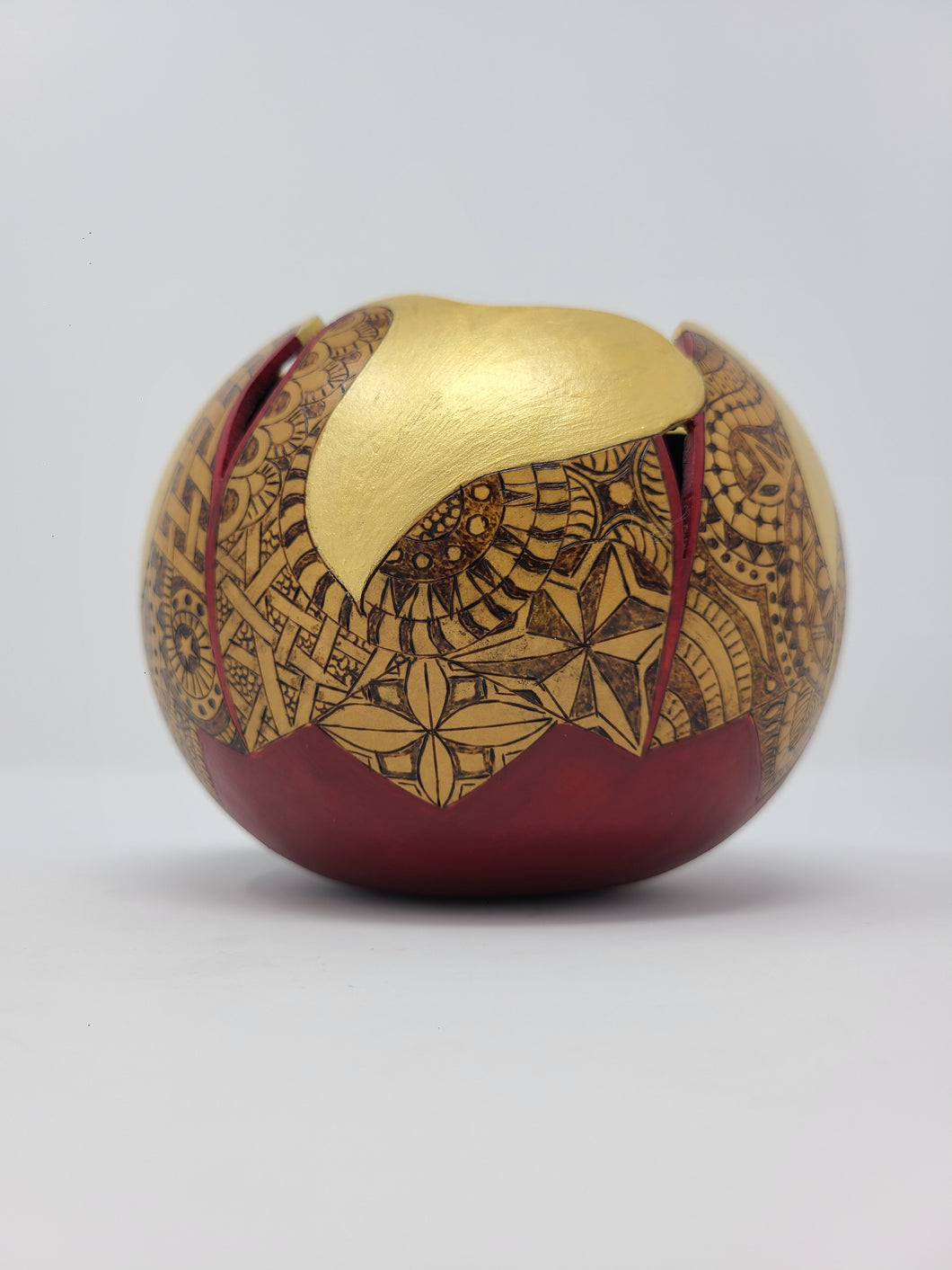 Woodburned Gourd w/Gold Leaves