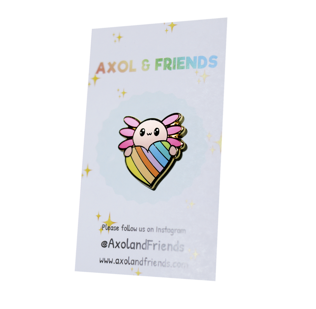 Axol the Axolotl Holding a Rainbow Heart Enamel Pin